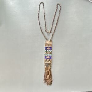 Gold Tone Tassel Pendant Necklace Blue Turquoise Glass Beads Cable Chain